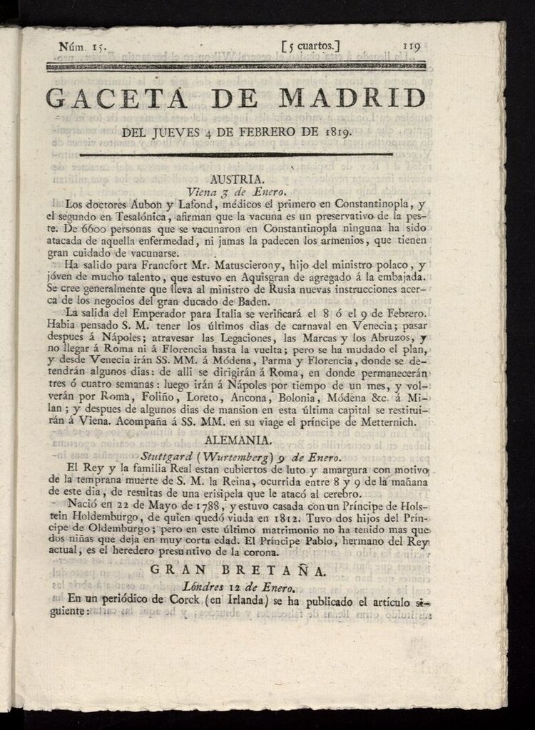 Miniatura de Gazeta de Madrid del 4 de febrero de 1819