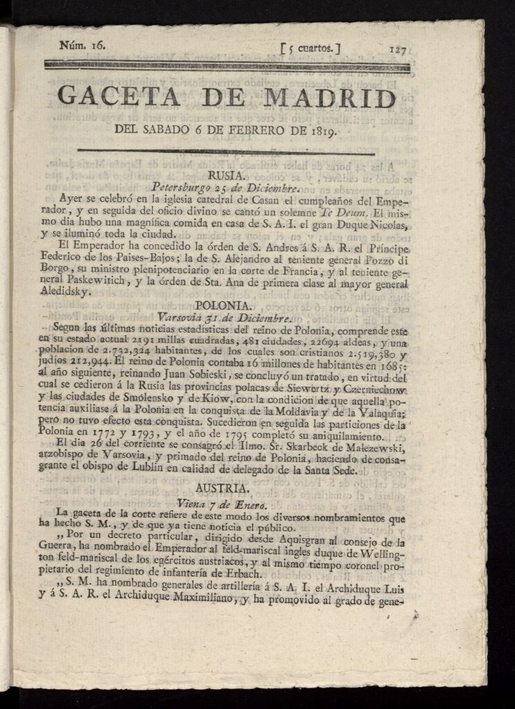 Miniatura de Gazeta de Madrid del 6 de febrero de 1819