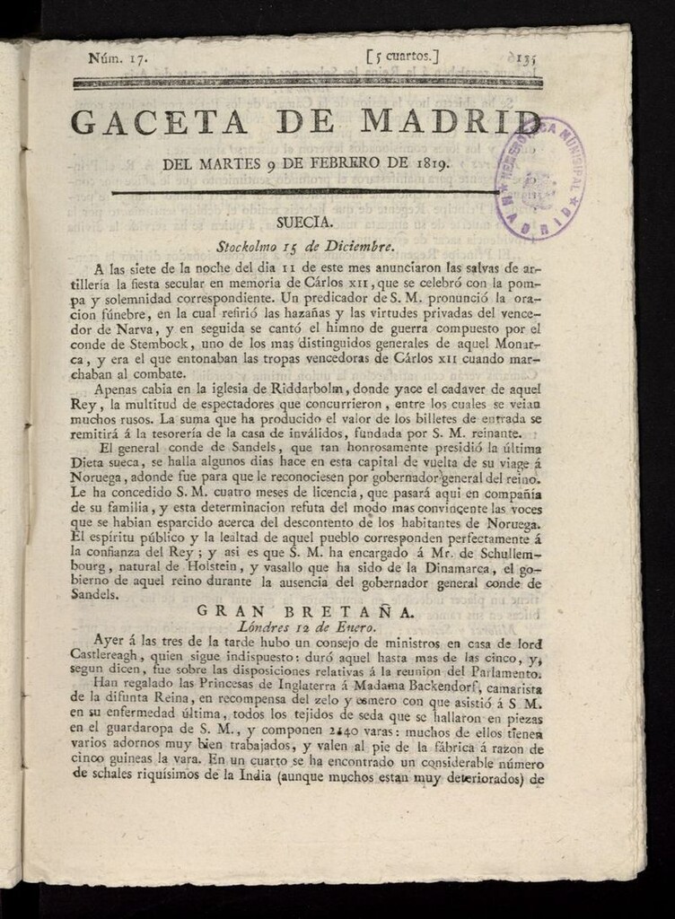 Miniatura de Gazeta de Madrid del 9 de febrero de 1819