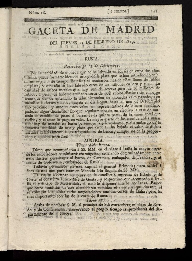 Miniatura de Gazeta de Madrid del 11 de febrero de 1819