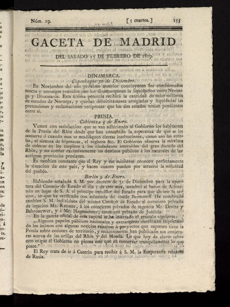 Miniatura de Gazeta de Madrid del 13 de febrero de 1819