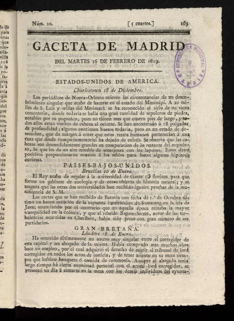 Miniatura de Gazeta de Madrid del 16 de febrero de 1819