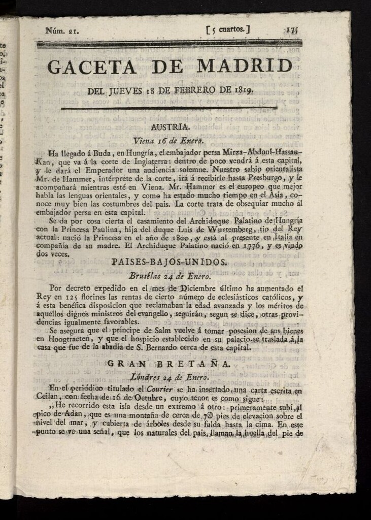 Miniatura de Gazeta de Madrid del 18 de febrero de 1819