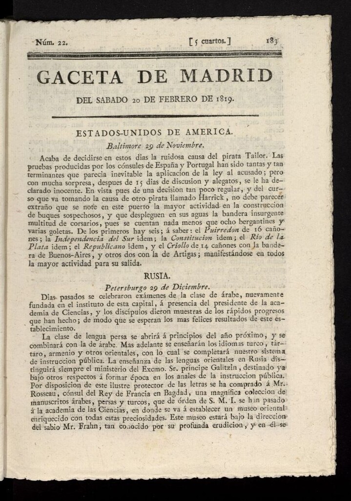 Miniatura de Gazeta de Madrid del 20 de febrero de 1819