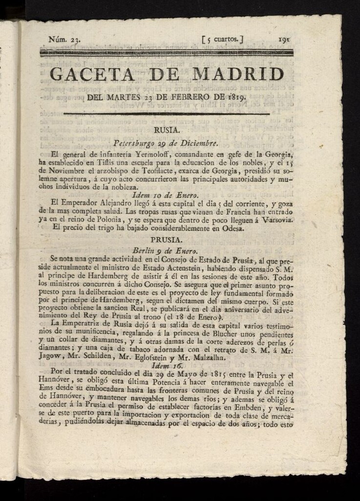 Miniatura de Gazeta de Madrid del 23 de febrero de 1819