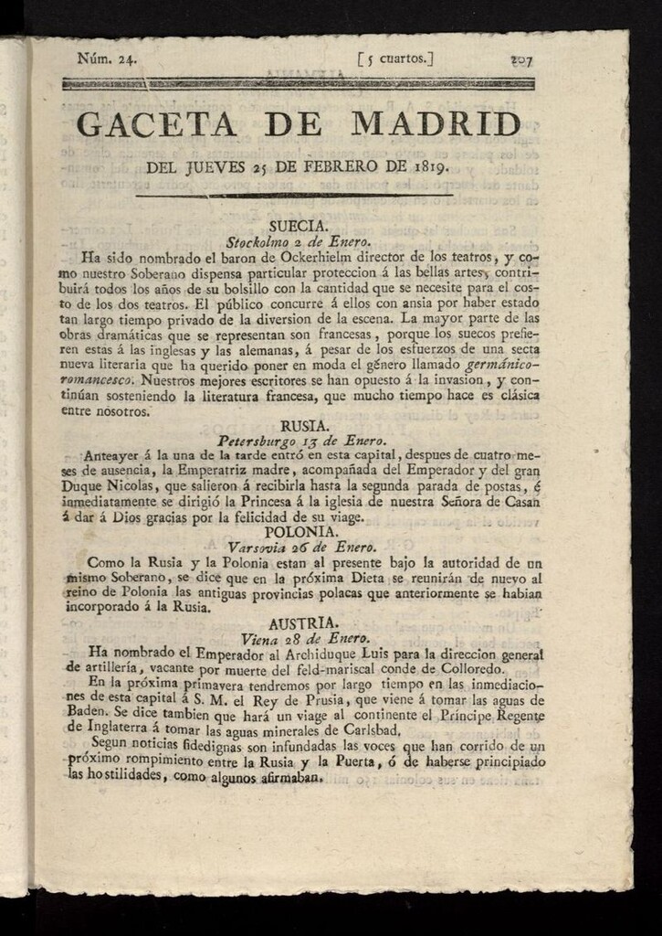 Miniatura de Gazeta de Madrid del 25 de febrero de 1819