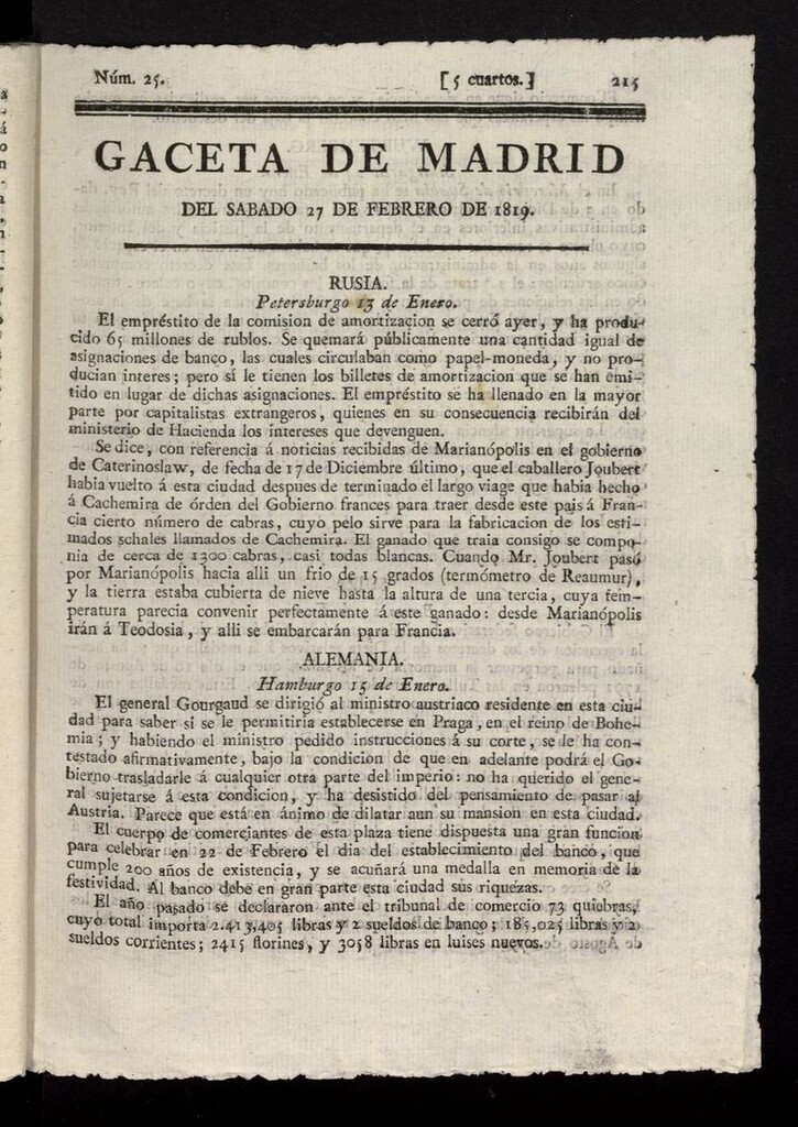 Miniatura de Gazeta de Madrid del 27 de febrero de 1819