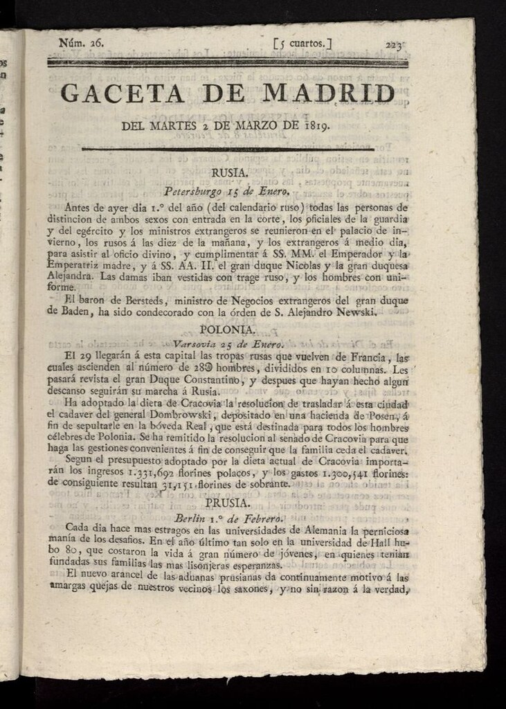 Miniatura de Gazeta de Madrid del 2 de marzo de 1819