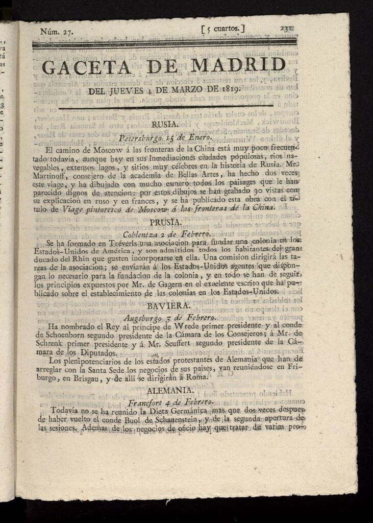 Miniatura de Gazeta de Madrid del 4 de marzo de 1819