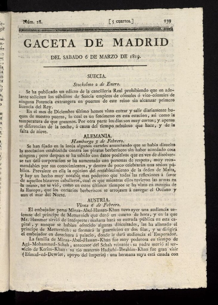 Miniatura de Gazeta de Madrid del 6 de marzo de 1819