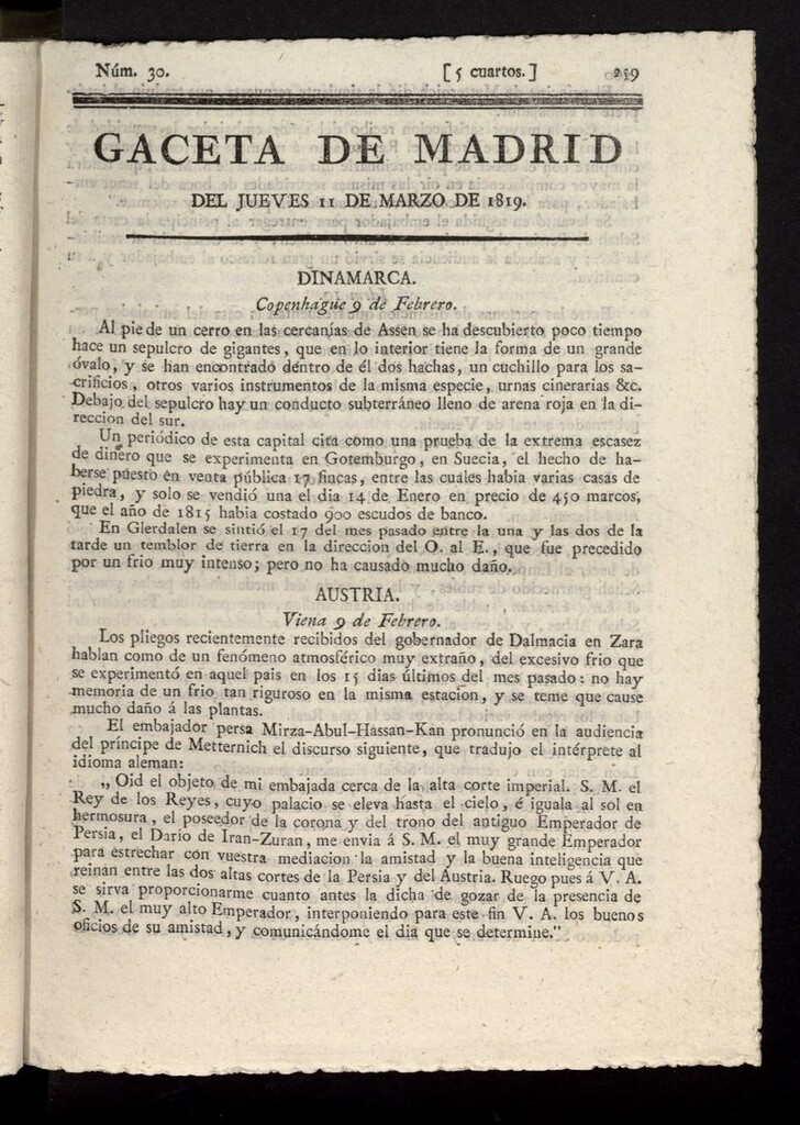 Miniatura de Gazeta de Madrid del 11 de marzo de 1819
