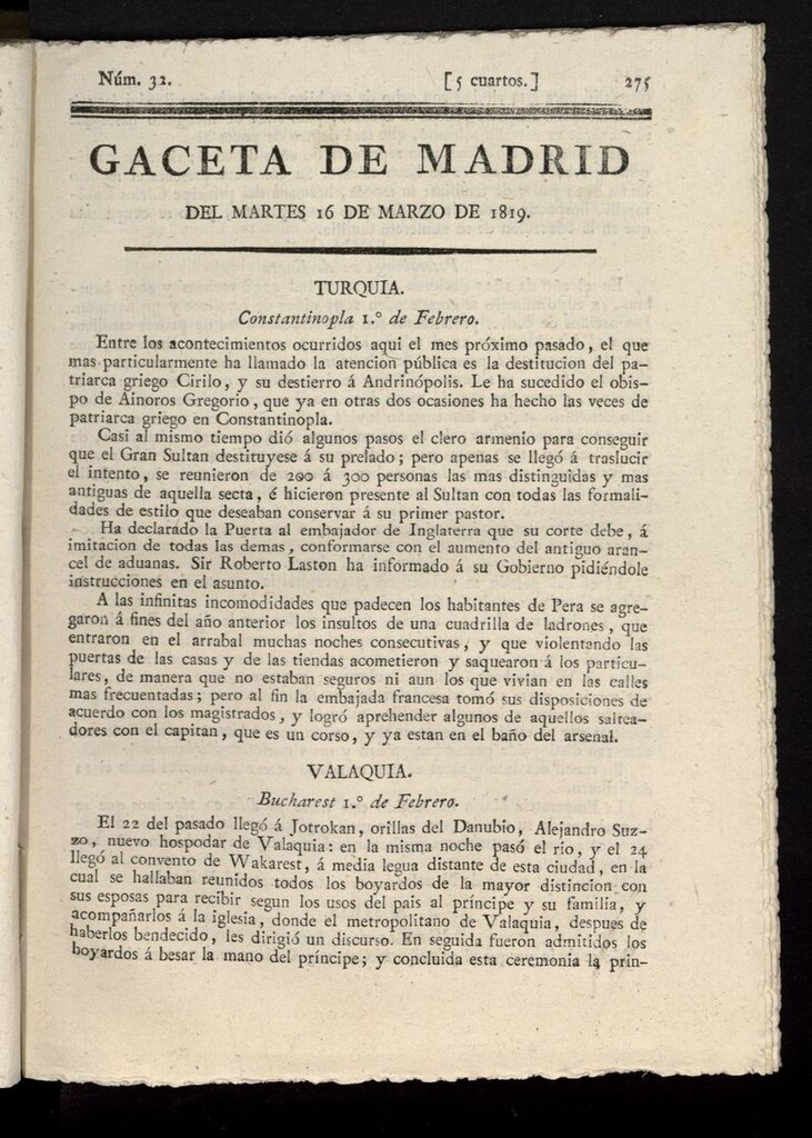 Miniatura de Gazeta de Madrid del 16 de marzo de 1819
