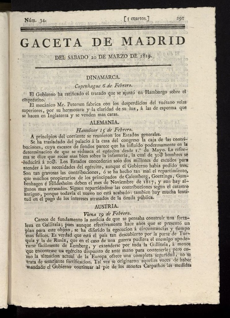 Miniatura de Gazeta de Madrid del 20 de marzo de 1819