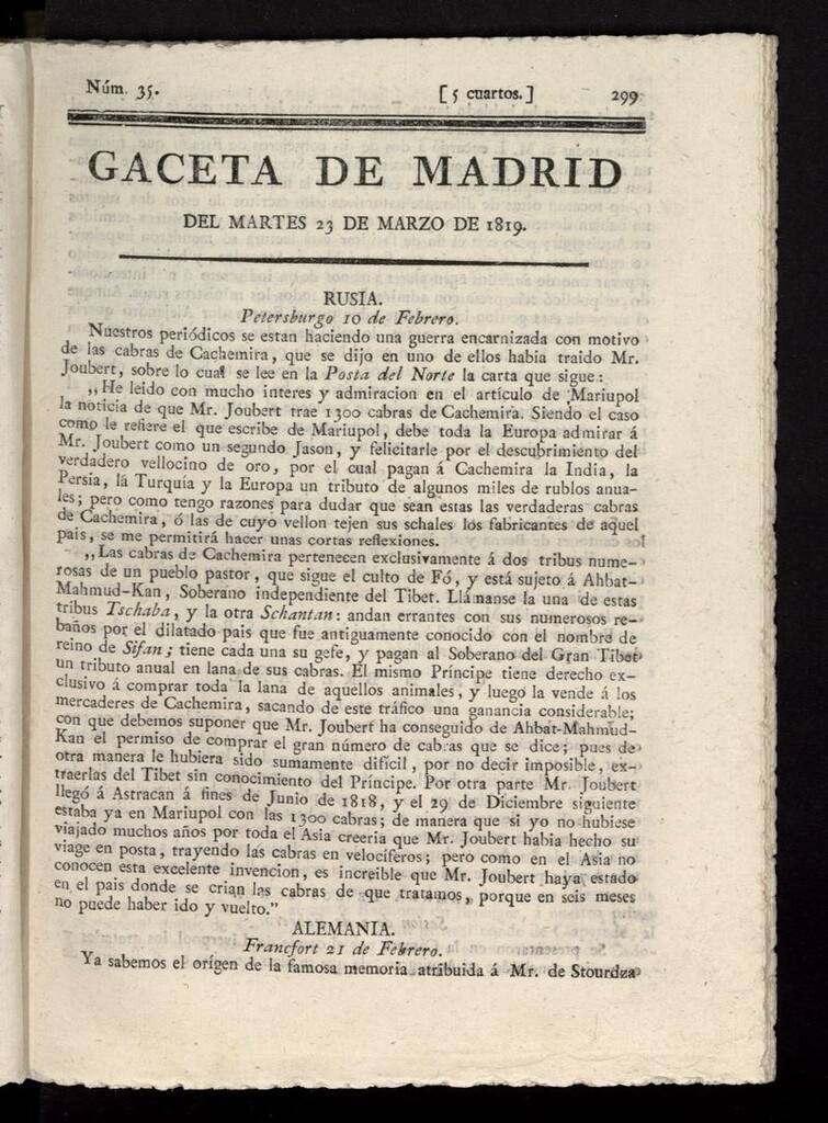 Miniatura de Gazeta de Madrid del 23 de marzo de 1819