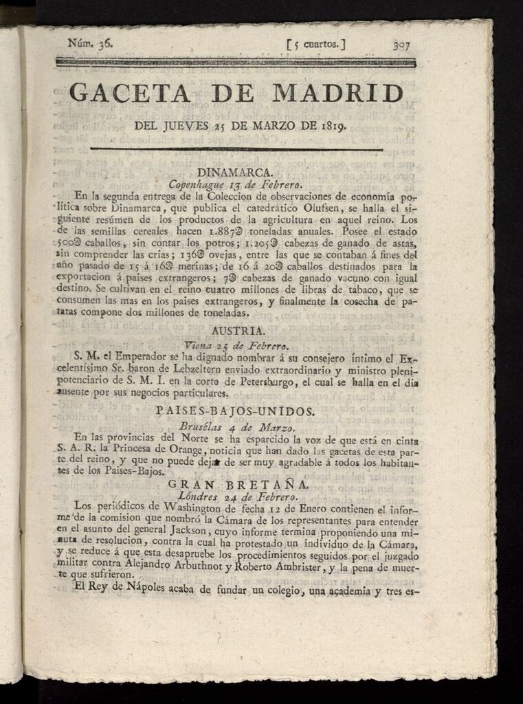 Miniatura de Gazeta de Madrid del 25 de marzo de 1819
