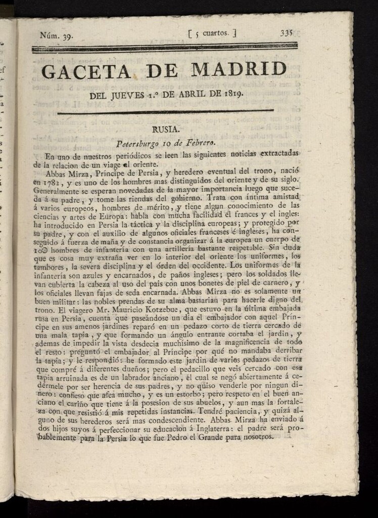 Miniatura de Gazeta de Madrid del 1 de abril de 1819