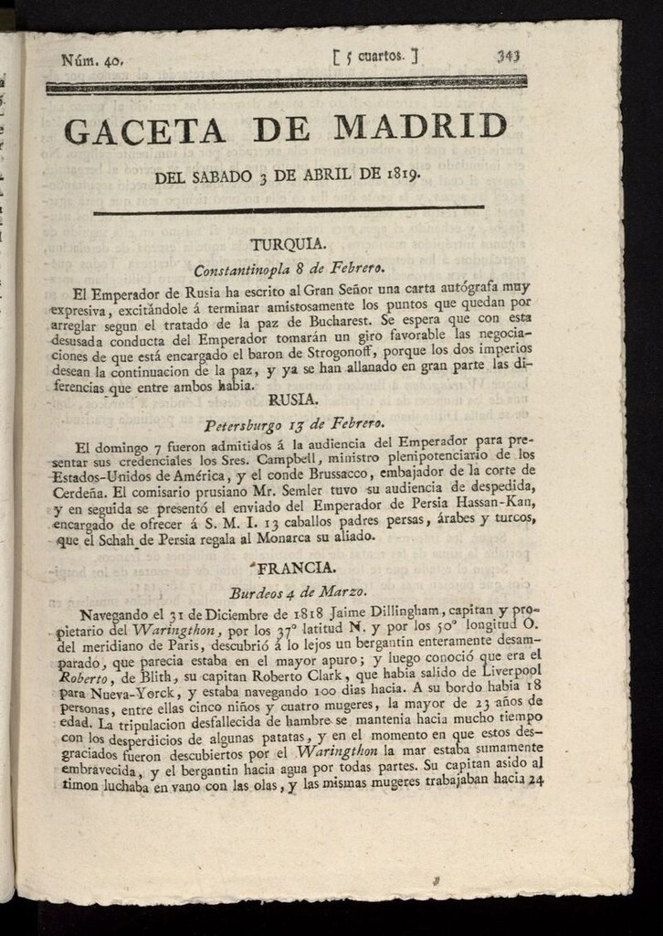Miniatura de Gazeta de Madrid del 3 de abril de 1819