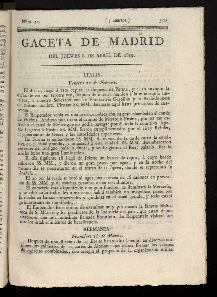 Miniatura de Gazeta de Madrid del 8  de abril de 1819