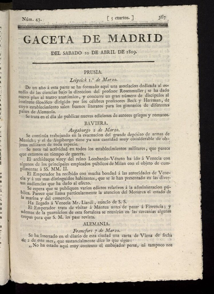 Miniatura de Gazeta de Madrid del 10 de abril de 1819