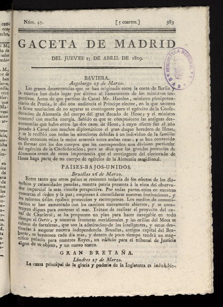 Miniatura de Gazeta de Madrid del 15 de abril de 1819