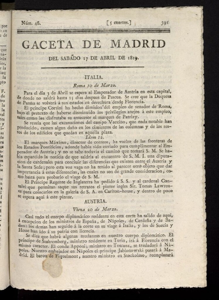 Miniatura de Gazeta de Madrid del 17 de abril de 1819