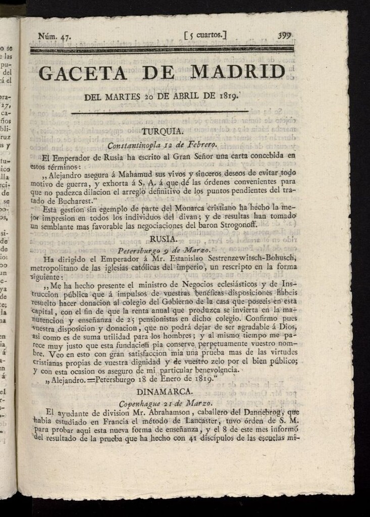 Miniatura de Gazeta de Madrid del 20 de abril de 1819