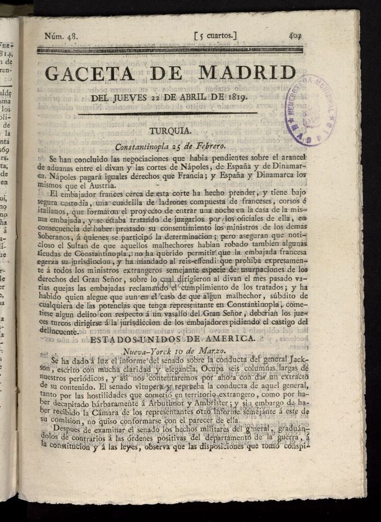 Miniatura de Gazeta de Madrid del 22 de abril de 1819