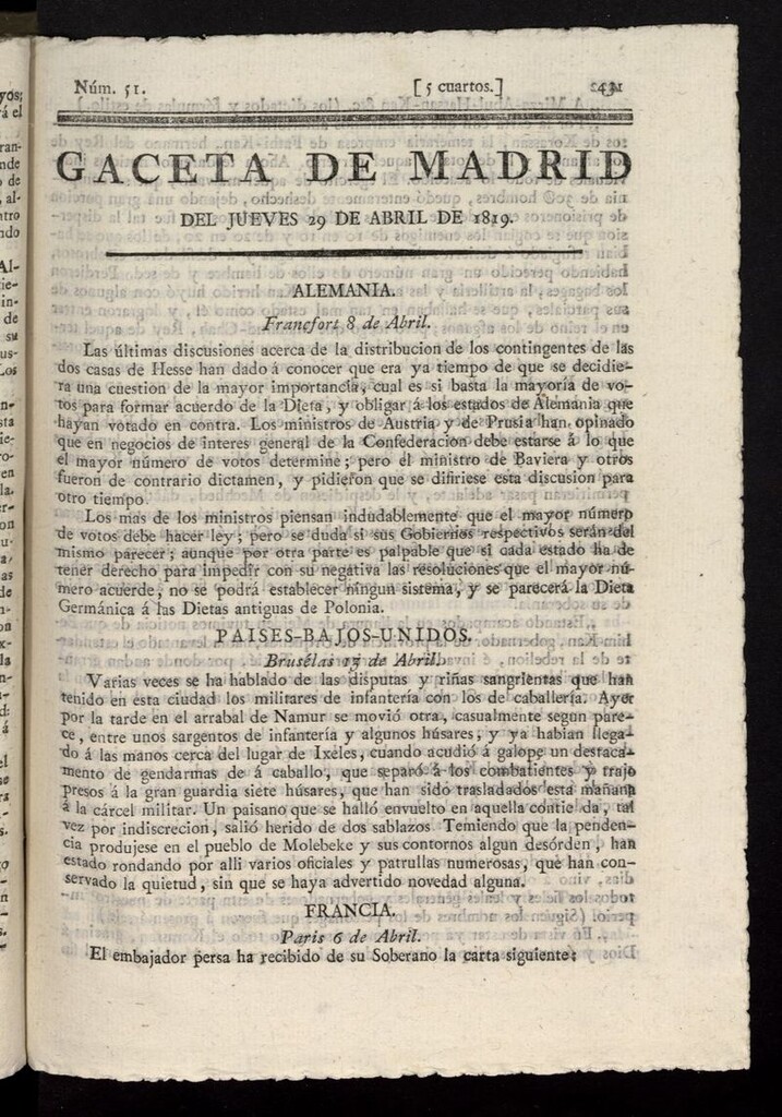 Miniatura de Gazeta de Madrid del 29 de abril de 1819