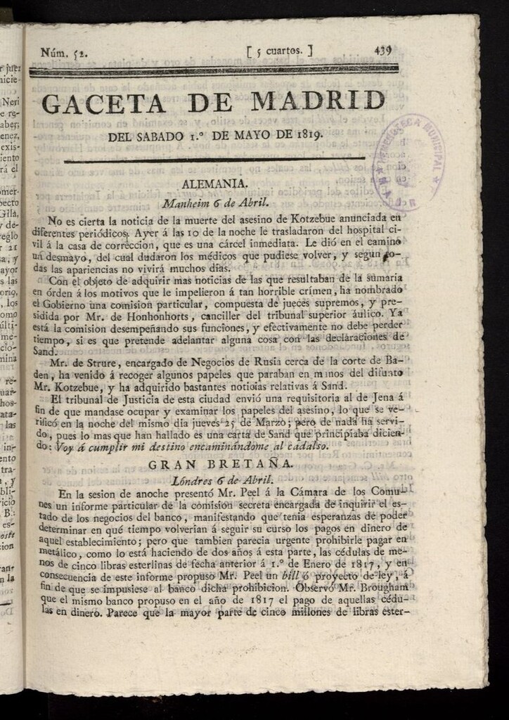 Miniatura de Gazeta de Madrid del 1 de mayo 1819