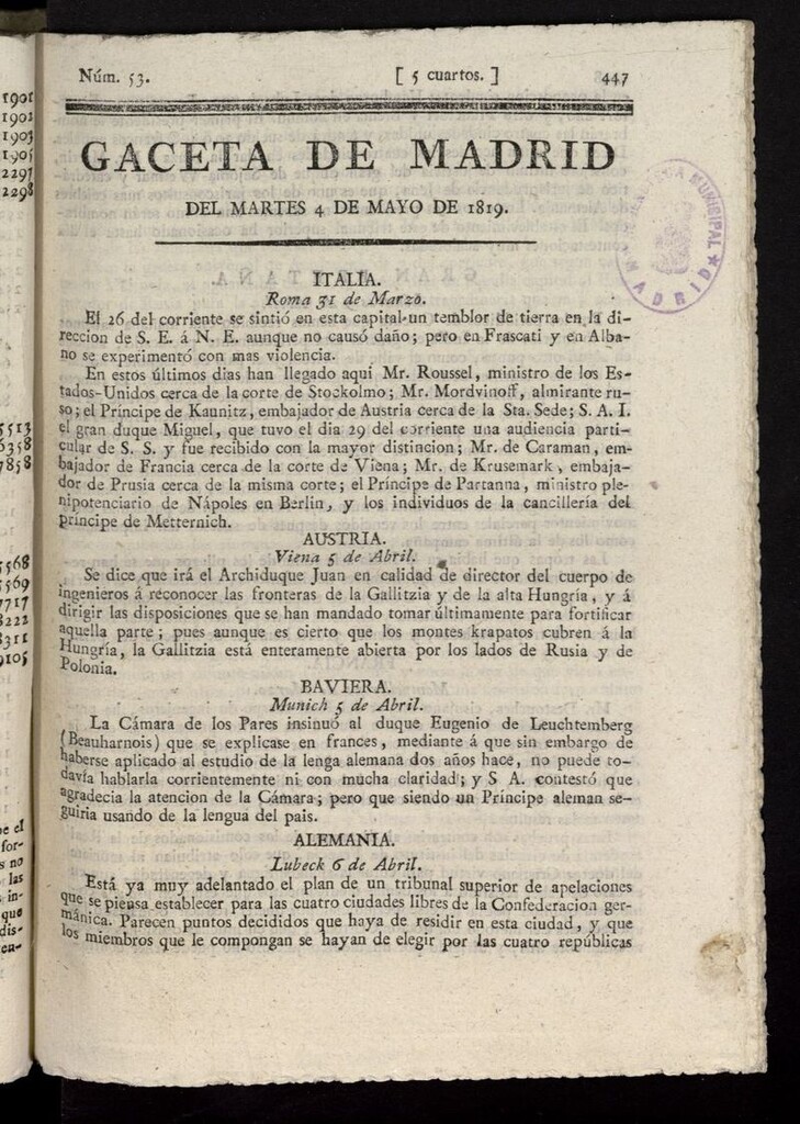 Miniatura de Gazeta de Madrid del 4 de mayo de 1819