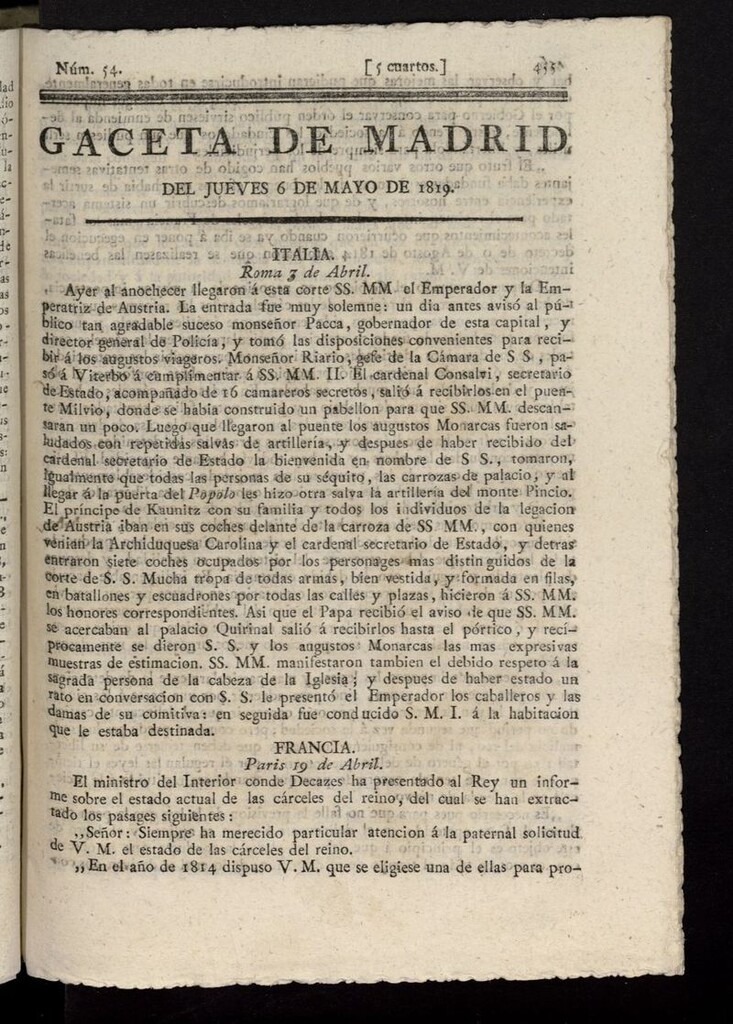 Miniatura de Gazeta de Madrid del 6 de mayo de 1819