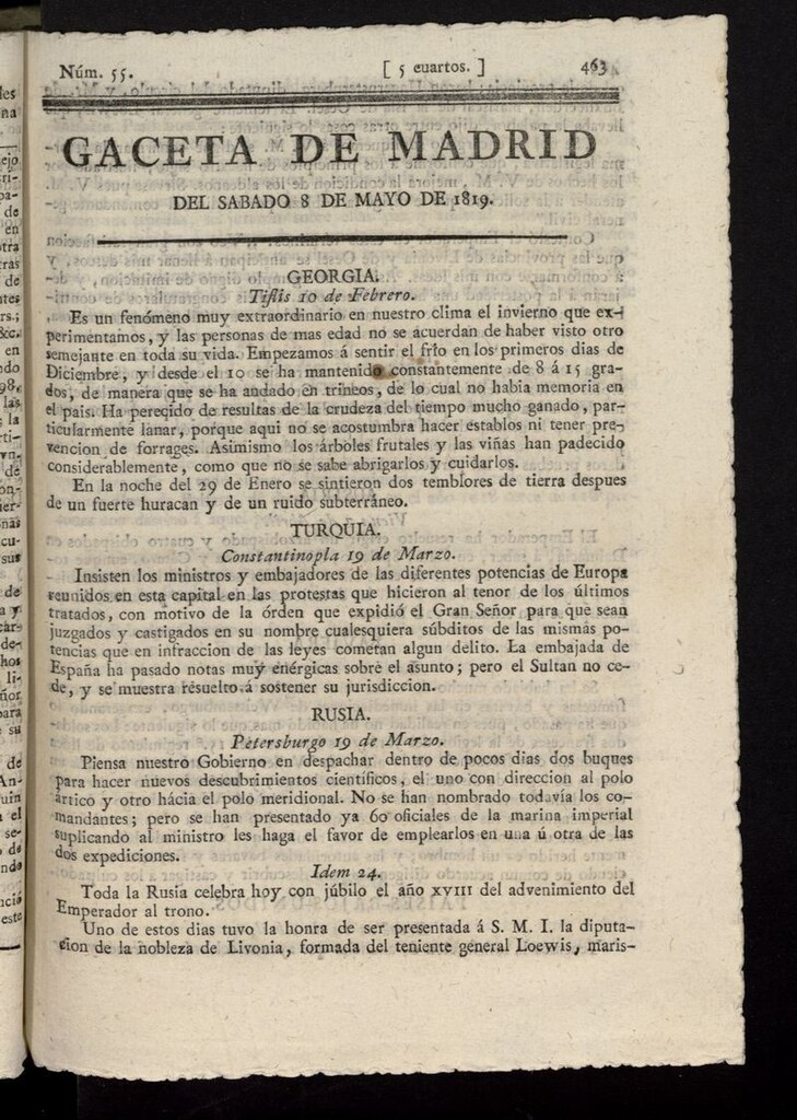 Miniatura de Gazeta de Madrid del 8 de mayo de 1819