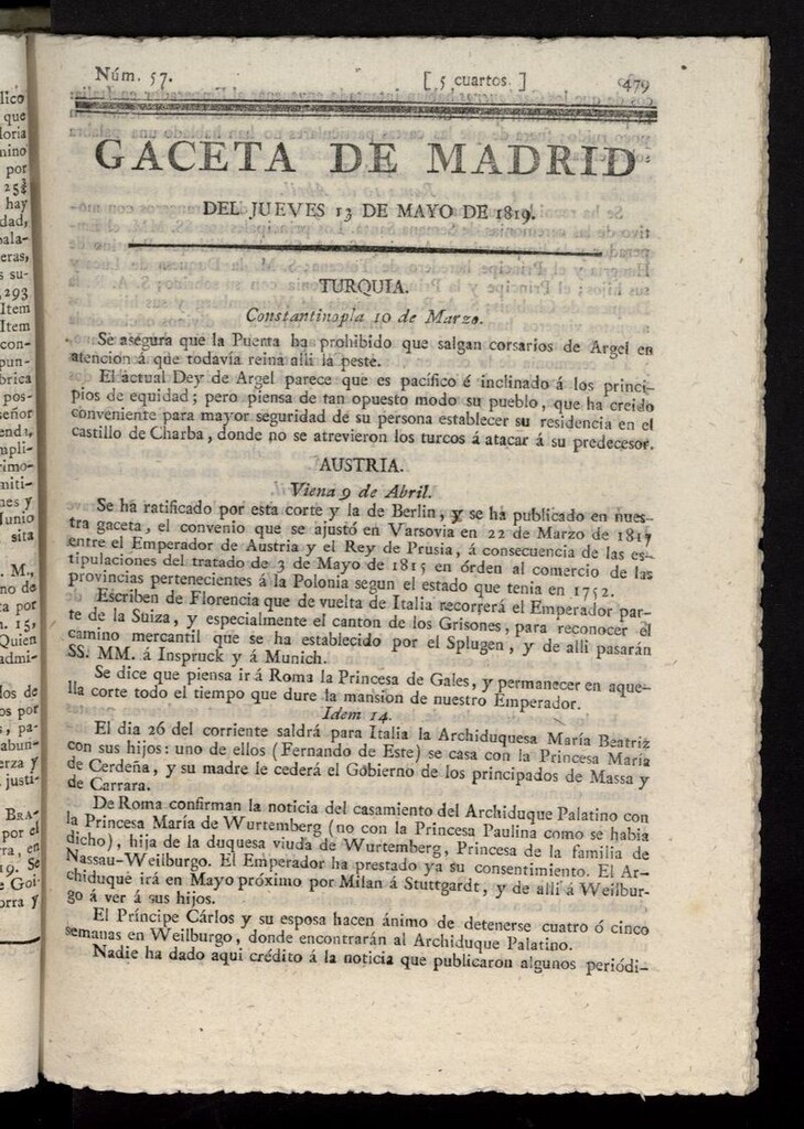 Miniatura de Gazeta de Madrid del 13 de mayo de 1819