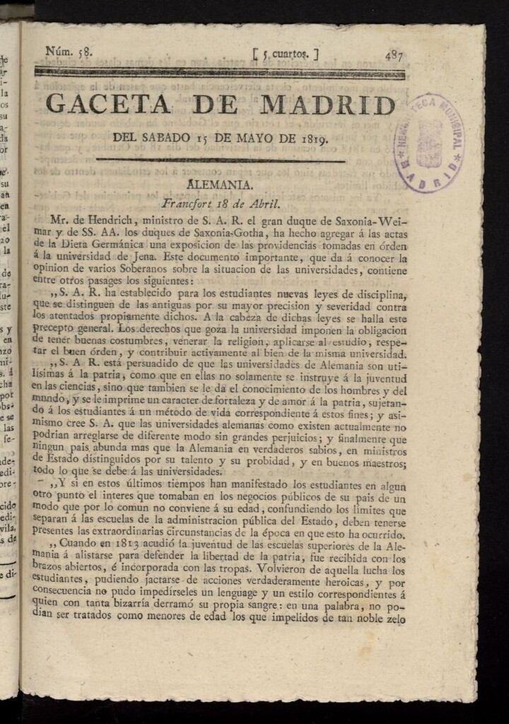 Miniatura de Gazeta de Madrid del 15 de mayo de 1819