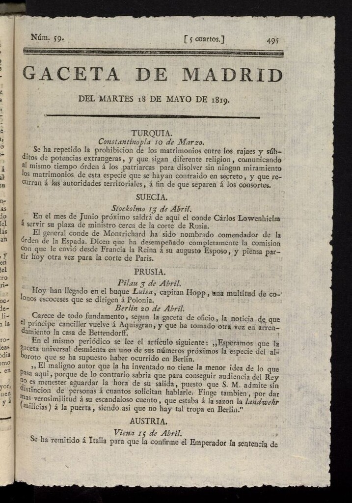 Miniatura de Gazeta de Madrid del 18 de mayo de 1819