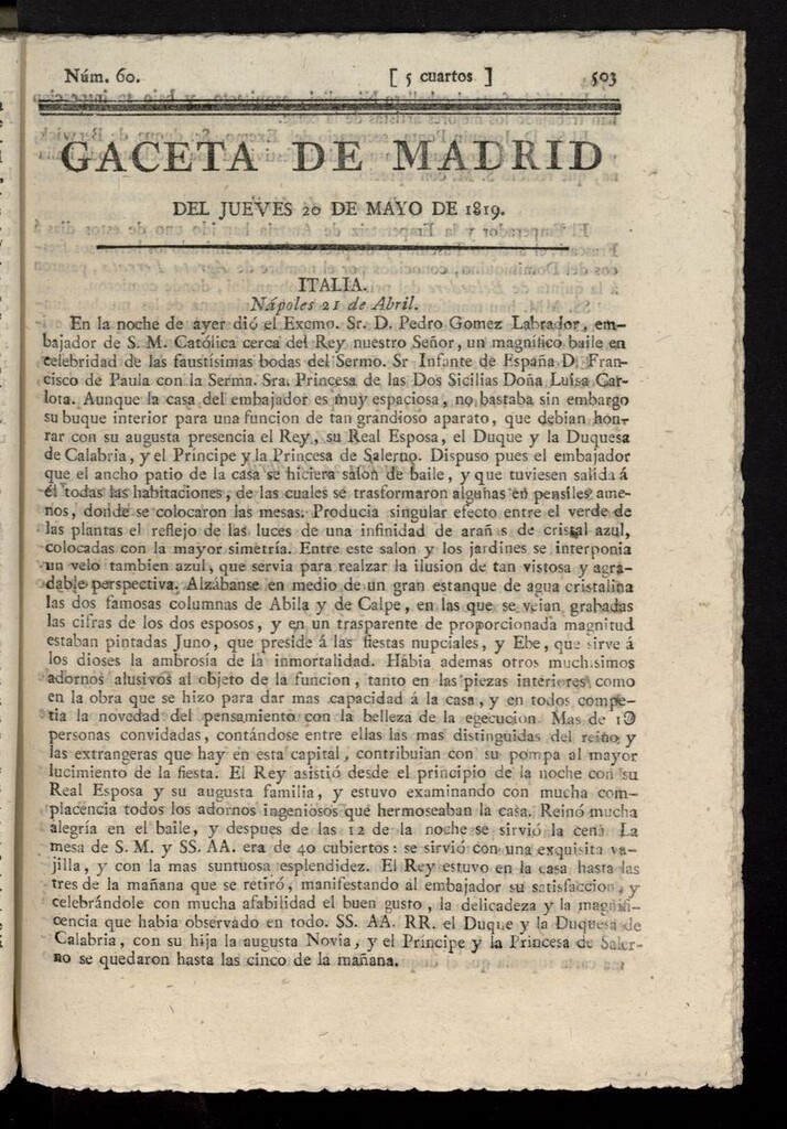 Miniatura de Gazeta de Madrid del 20 de mayo de 1819
