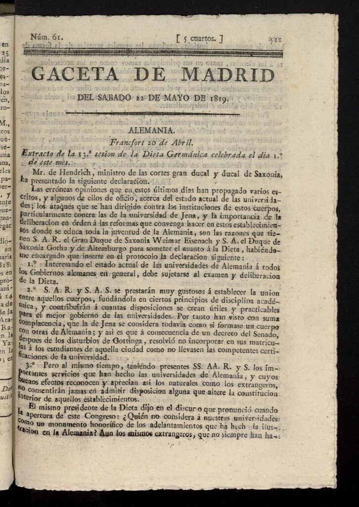 Miniatura de Gazeta de Madrid del 22 de mayo de 1819