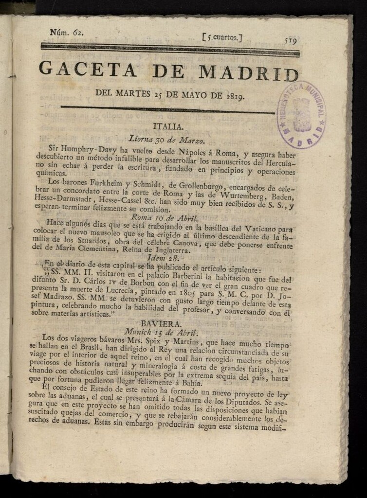 Miniatura de Gazeta de Madrid del 25 de mayo de 1819