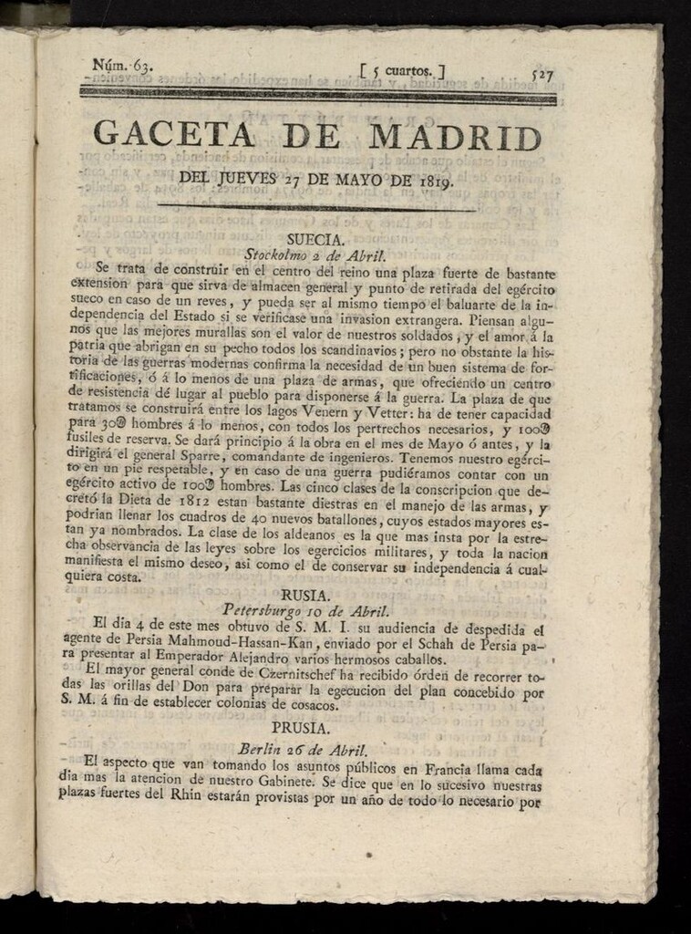 Miniatura de Gazeta de Madrid del 27 de mayo de 1819
