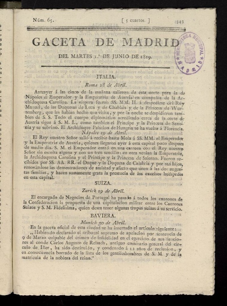 Miniatura de Gazeta de Madrid del 1 de junio de 1819