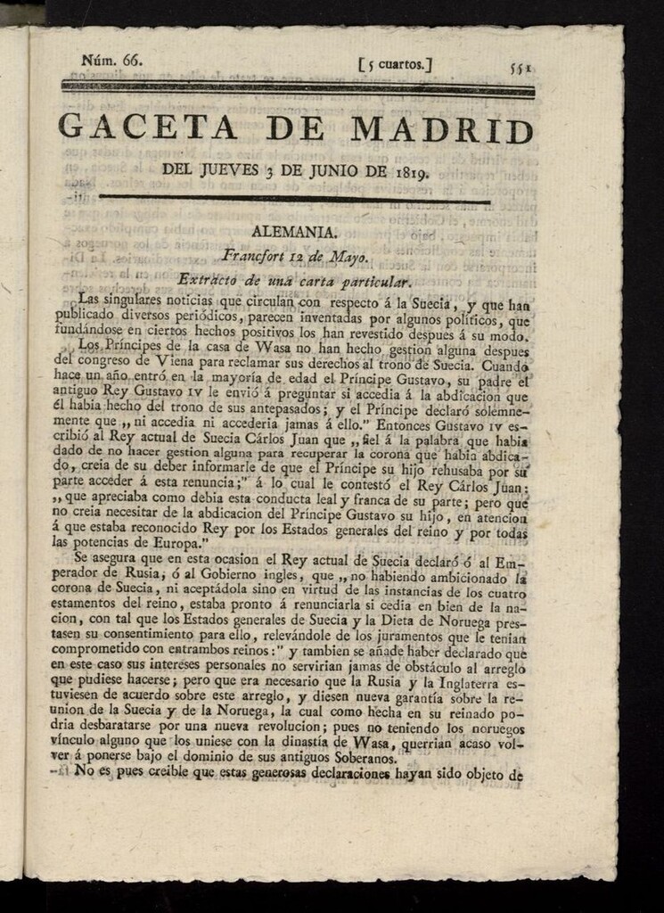 Miniatura de Gazeta de Madrid del 3 de junio de 1819