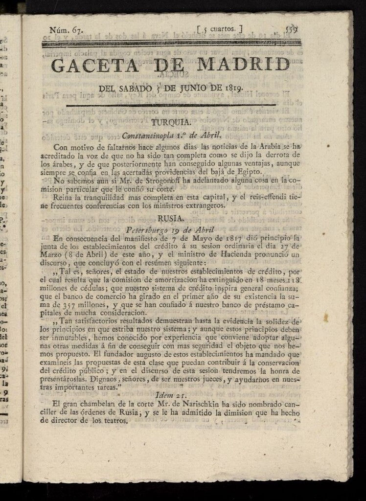 Miniatura de Gazeta de Madrid del 5 de junio de 1819