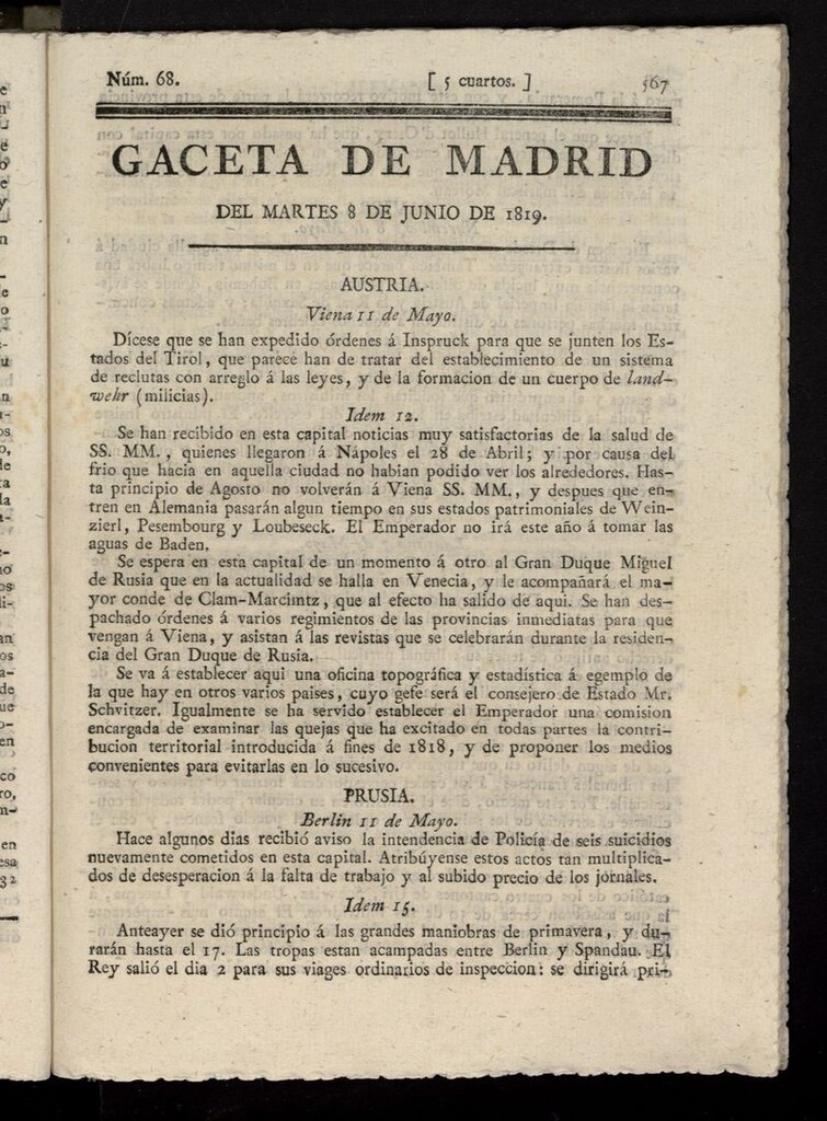 Miniatura de Gazeta de Madrid del 8 de junio de 1819