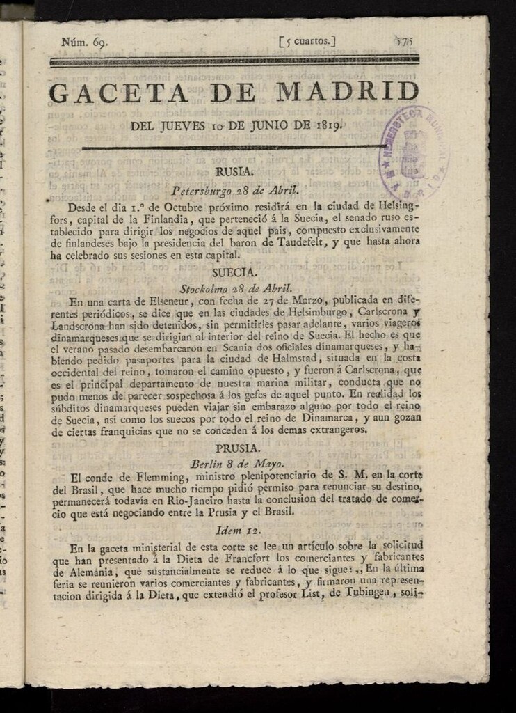 Miniatura de Gazeta de Madrid del 10 de junio de 1819