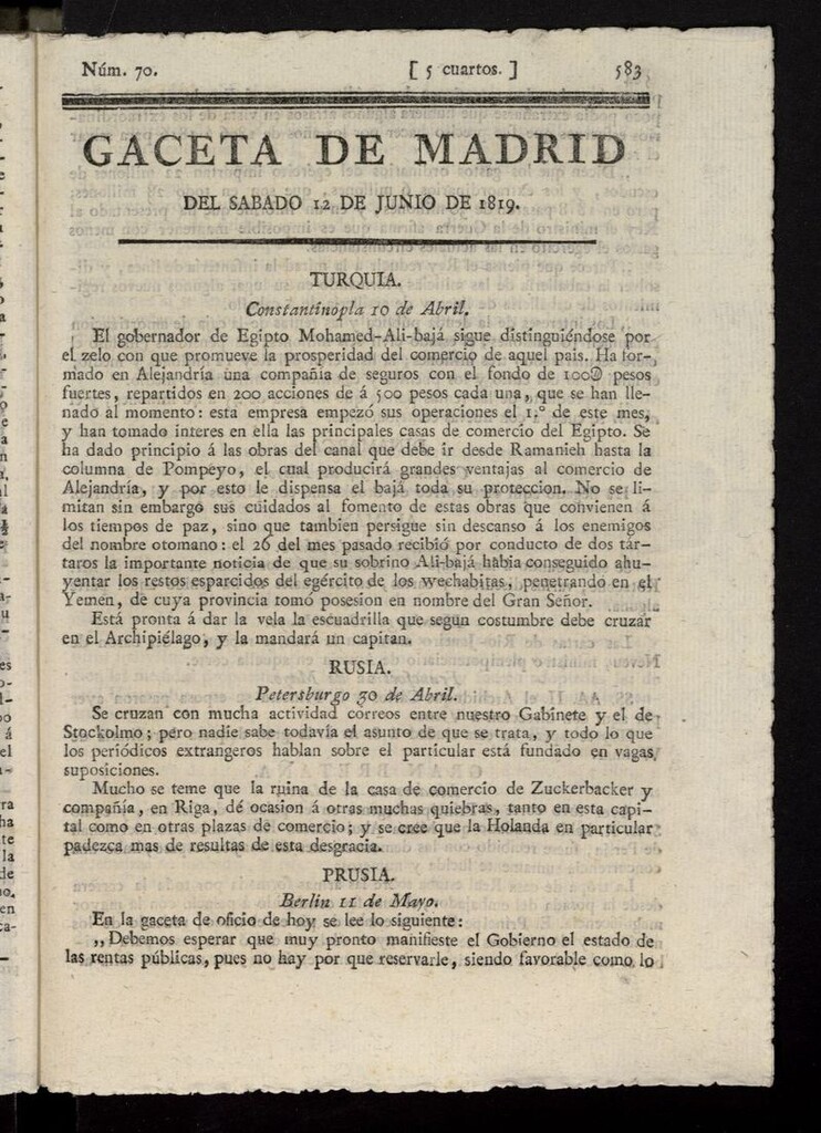 Miniatura de Gazeta de Madrid del 12 de junio de 1819