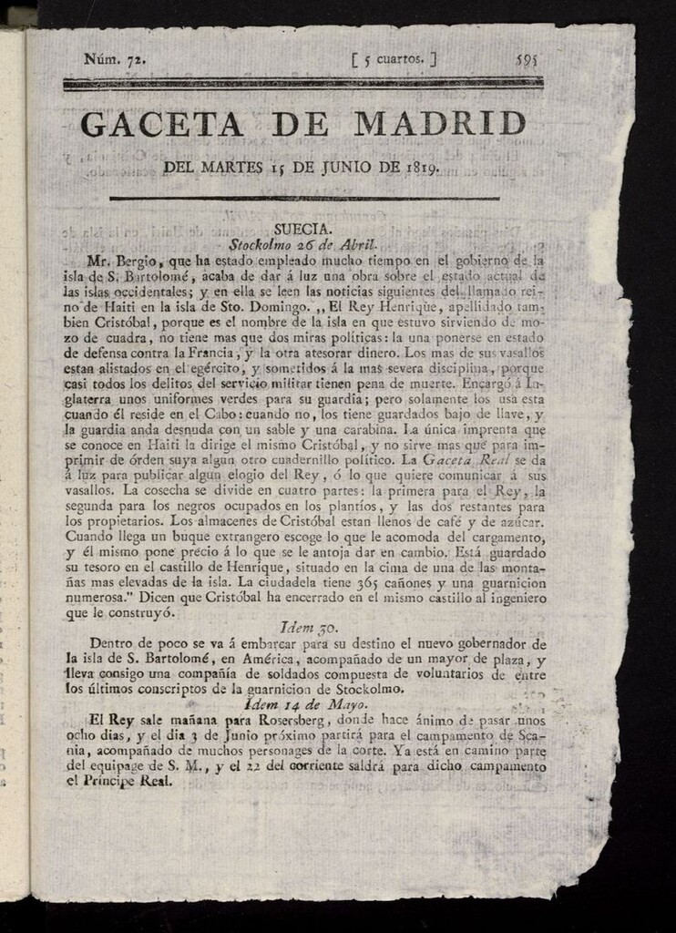 Miniatura de Gazeta de Madrid del 15 de junio de 1819