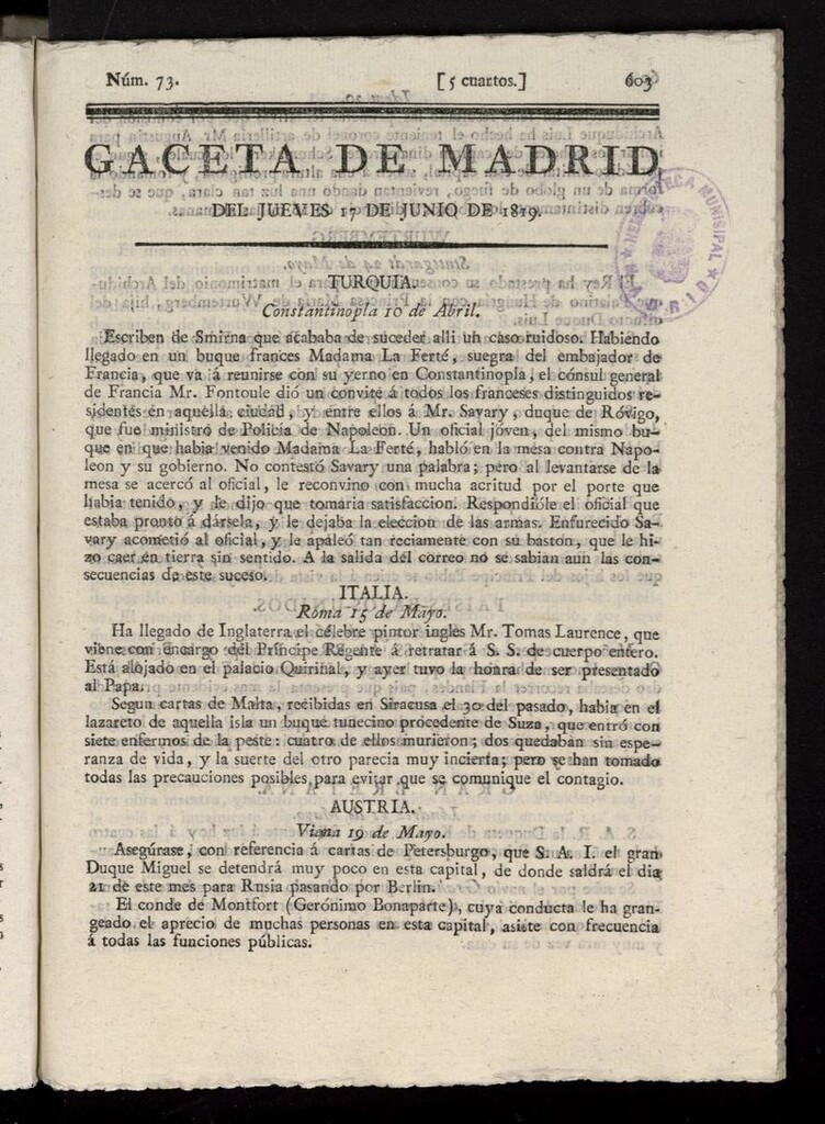 Miniatura de Gazeta de Madrid 17 de junio de 1819