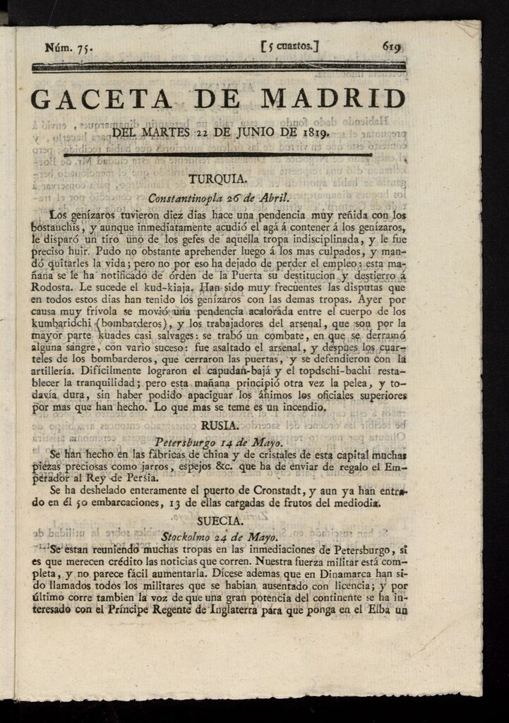 Miniatura de Gazeta de Madrid del 22 de junio de 1819