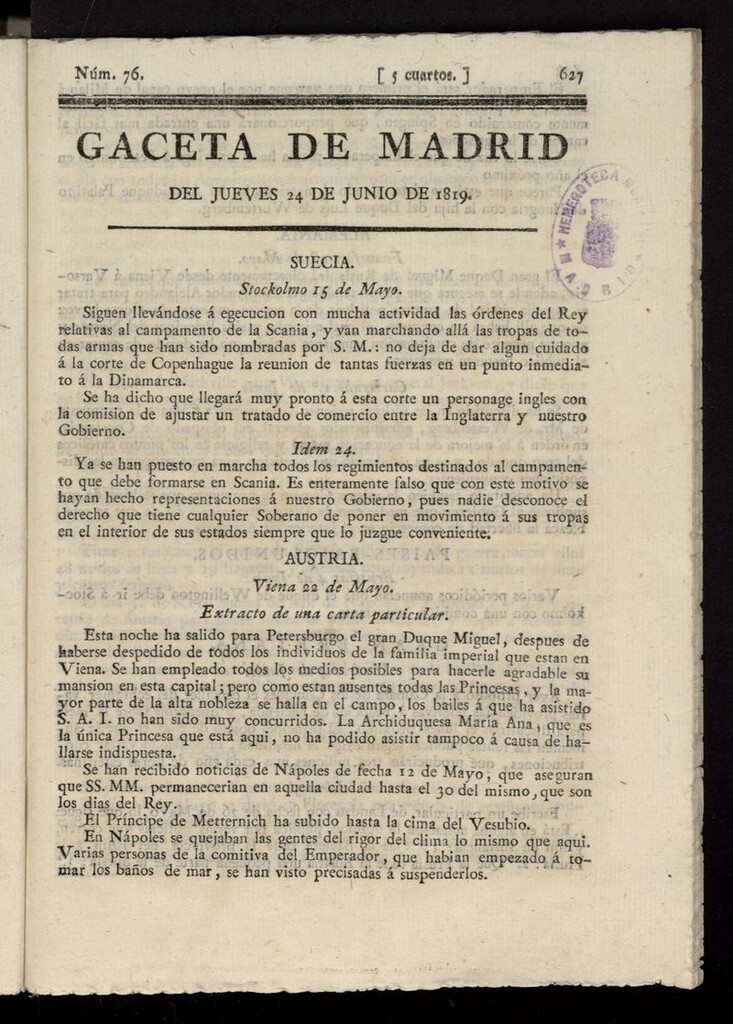 Miniatura de Gazeta de Madrid del 24 de junio de 1819