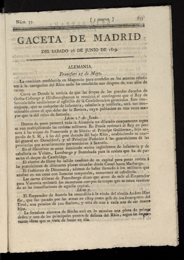 Miniatura de Gazeta de Madrid del 26 de junio de 1819